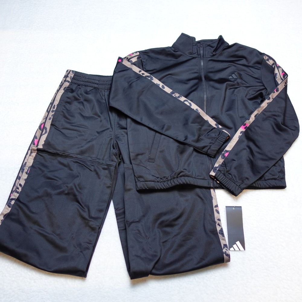 Adidas Tracksuit Set Girls Size M 10/12 Black Leopard Print 2 Piece AG10823Y